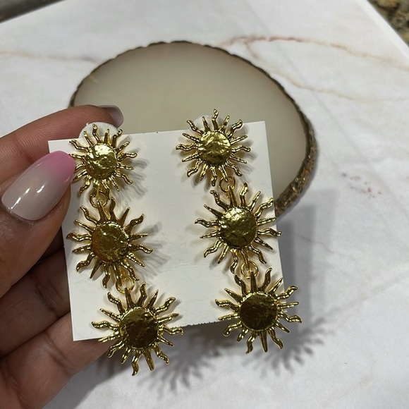 Zara. Gold Triple Sun Earrings - Picture 13 of 14